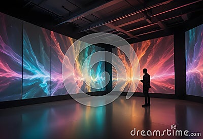 A man silhouetted in front of three large screens displaying abstract images of colorful nebulae, creating a visually Vector Illustration