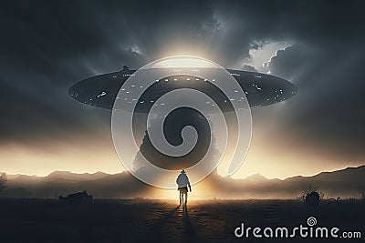 A man silhouetted by a giant UFO by Keith Parkinson, misty, dramatic, epic, cinematic Stock Photo