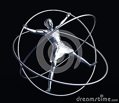 Man in a simulator - a gyroscope on black Stock Photo