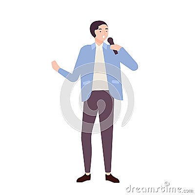 Man singer, jazz, soul or blues vocalist wearing elegant suit and singing ballad in microphone. Cute funny male cartoon Vector Illustration