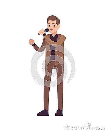 Man singer. Vocalists musical performance, boy stands in brown suit with microphone and sings song, karaoke or pop Vector Illustration