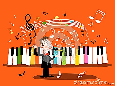 Man Singing Song with Piano Keyboard and Notes. Vector Illustration