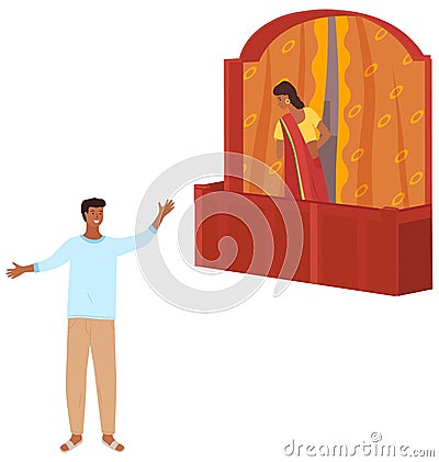 Man sings song to standing on balcony indian woman in traditional clothing people in east dress Vector Illustration