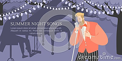 A man sings at a summer night concert in the park Vector Illustration