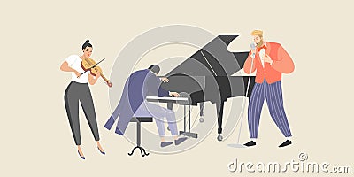 A man sings to the accompaniment of a piano and violin Vector Illustration