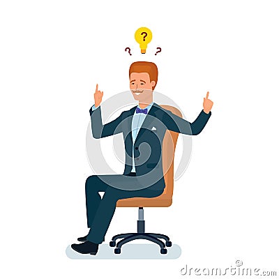 Man sit in chair thinking about solutions, smart ideas, reasoning. Vector Illustration