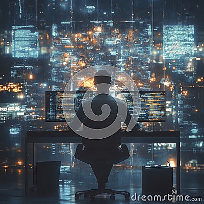 A man sits in front of many computer monitors. Ideal for technology and business concepts Stock Photo