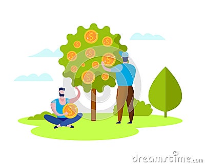 Man Sits on Grass with Coin in Hands Coins on Tree Vector Illustration