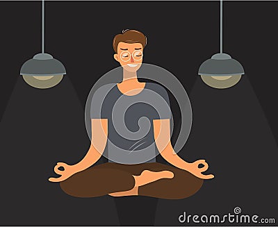 A man sits at home in a lotus position, meditates in the dark. The guy is doing yoga. The concept of relaxation, stress Cartoon Illustration