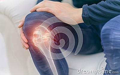 A man sits with one hand clasping his knee, visualized with a digital overlay highlighting knee pain. The image captures Stock Photo