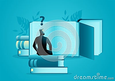 Man sits on a pile of books and reads a giant book curiously Vector Illustration