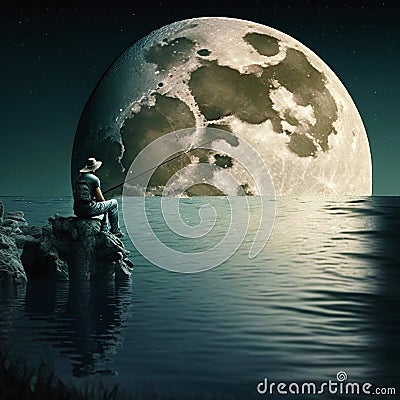 A man sits on rocks on the bank of a river in space and fishes. The concept for the development of life, tourism and recreation on Cartoon Illustration