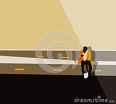 Man sits on the stairs eat sandwich and drinking coffee on the street, lunch break, busy days. Vector Illustration