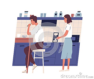 Man sits at table in office kitchen and eats lunch while his colleague uses coffee machine. Daily routine, everyday life Vector Illustration