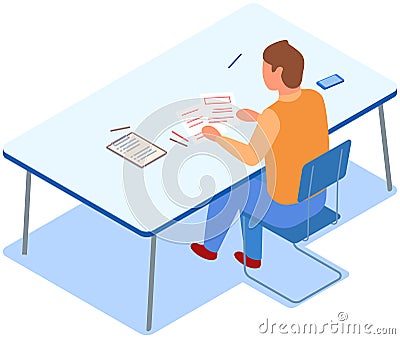 Man sits at table and works with text on clipboard. Male character at workplace is doing paperwork Vector Illustration