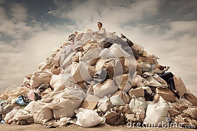 Man sits on top of pile of garbage bags. Concept of overconsumption and pollution of environment by human waste. Created Stock Photo