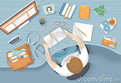 Man man sits at the work table. Workplace Desktop Workspace Chair, office supplies, monitor, books, notebook, phone, purse Vector Illustration