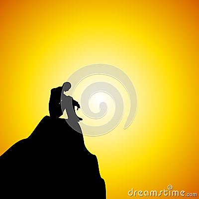 Man Sitting Alone on Mountain At Sunset Cartoon Illustration