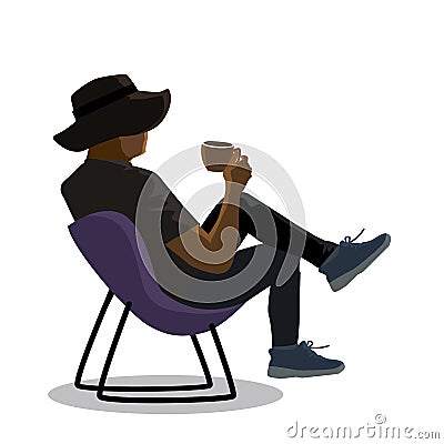 A man sitting on armchair holding a cup in hand drinking coffee. Male character having lunch in cafe. resting during break on Vector Illustration