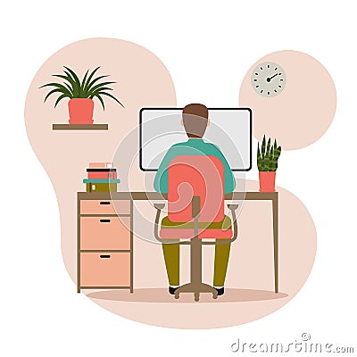 Man sitting behind a computer icon vector, workplace concept, Stock Photo