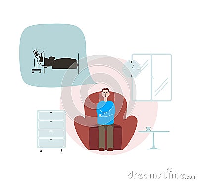 A man is sitting on a chair in the hospital. He is waiting for his loved one to regain consciousness in the intensive care unit. Cartoon Illustration