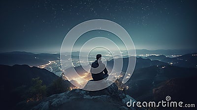 Man sitting on a cliff at night, looking at the glowing lights of a big city in the valley. Person meditating. Generative AI Stock Photo