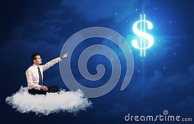 Man sitting on a cloud dreaming of money Stock Photo