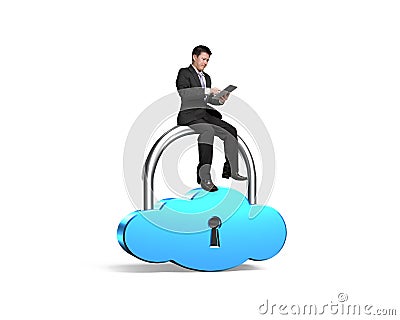 Man sitting on cloud shape lock using smart tablet Stock Photo