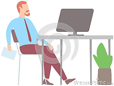 Man sitting with computer at workplace. Businessman works in management, entrepreneurship, business Vector Illustration