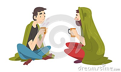 Man Sitting Covered with Cozy Plaid Enjoying Hot Drink in Mug Vector Set Vector Illustration