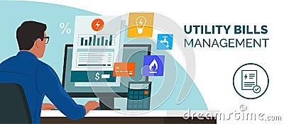 Man paying his utility bills online Vector Illustration