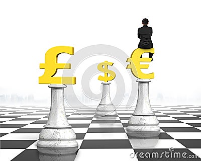 Man sitting on Euro symbol of money chess on chessboard Stock Photo