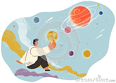 A man sitting in fantastic space holding planet with dream universe cartoon cosmic abstract scene Vector Illustration