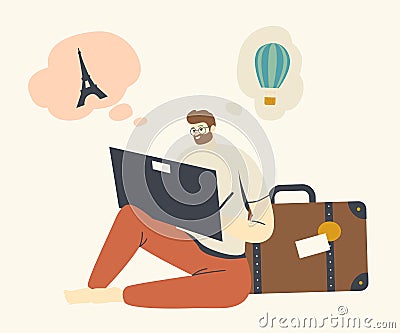 Man Sitting on Floor Painting Traveling Landmarks for Wish Map Creation and Dream Come True. Feng Shui Visualization Vector Illustration