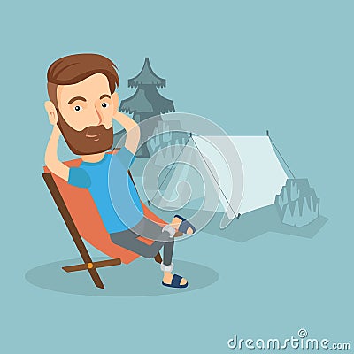 Man sitting in folding chair in the camp. Vector Illustration