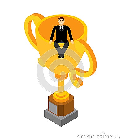 Man sitting on golden cup. Top manager took first place. Businessman and reward. Golden goblet. Achievement reward. vector Vector Illustration