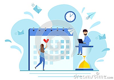 Man sitting on hourglass with laptop on blue background. Girl sets a deadline date. Vector Illustration