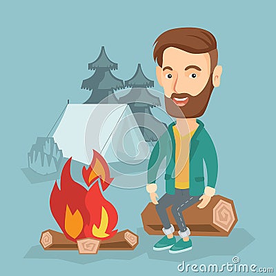 Man sitting on log near campfire in the camping. Vector Illustration