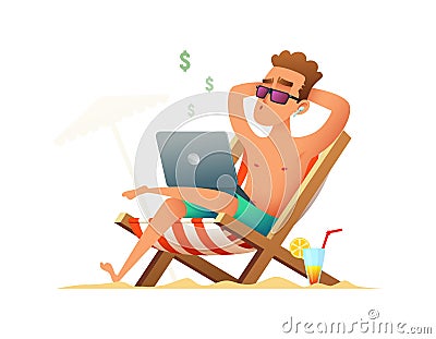 Man sitting on a lounger and working on the computer. Freelancer gets paid, sitting and relaxing on the beach on Vector Illustration