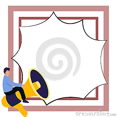Man sitting on megaphone. Big empty dialog bubble for brand new information. White blank space for text. Presented Vector Illustration
