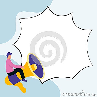 Man sitting on megaphone. Big empty dialog bubble for brand new information. White blank space for text. Presented Vector Illustration