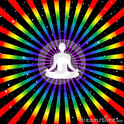 Man sitting in pose of lotus meditating on starry outer space Vector Illustration