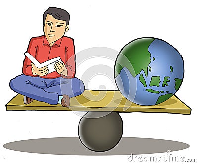 man sitting reading a book in balance with the earth illustration Cartoon Illustration