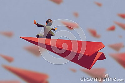 Man sitting on red airplane paper Cartoon Illustration