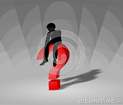 Man sitting on a red 3d question mark thinking deeply Vector Illustration