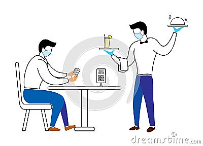 Man sitting in restaurant order using app, waiter serving food & drinks new normal Vector Illustration