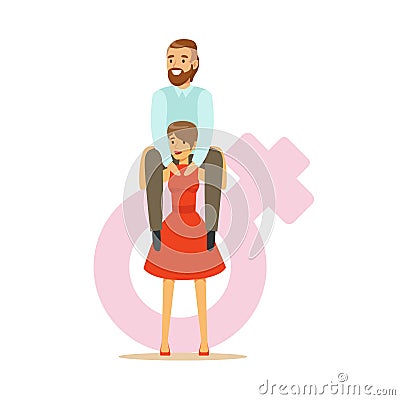 Man sitting on the shoulders of a woman dressed in a red dress, feminism colorful characters vector Illustration Vector Illustration