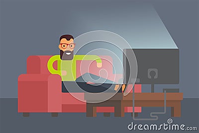 Man sitting on sofa watching tv at home. Vector Illustration