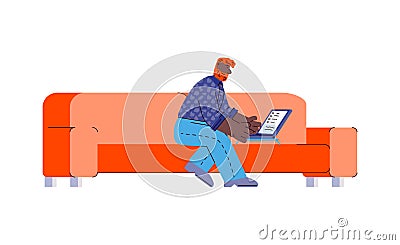 Man sitting on sofa and working at home, sketch vector illustration isolated. Vector Illustration