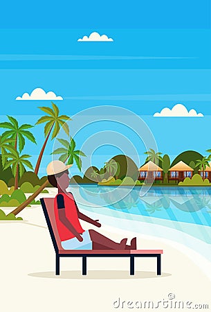 Man sitting sun bed lounge chair on tropical island villa bungalow hotel beach seaside green palms landscape summer Vector Illustration